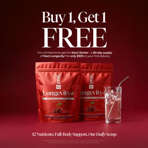 A promotional ad for Stact Longevity+ showing two red stand-up pouches of the supplement and a clear glass of water on a dark red background, with large text reading 'Buy 1, Get 1 FREE'.