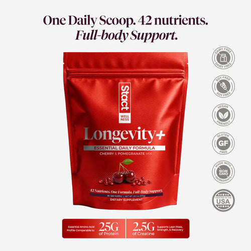 Red package of Stact Wellness Longevity+ supplement with cherry and pomegranate illustration on a white background.